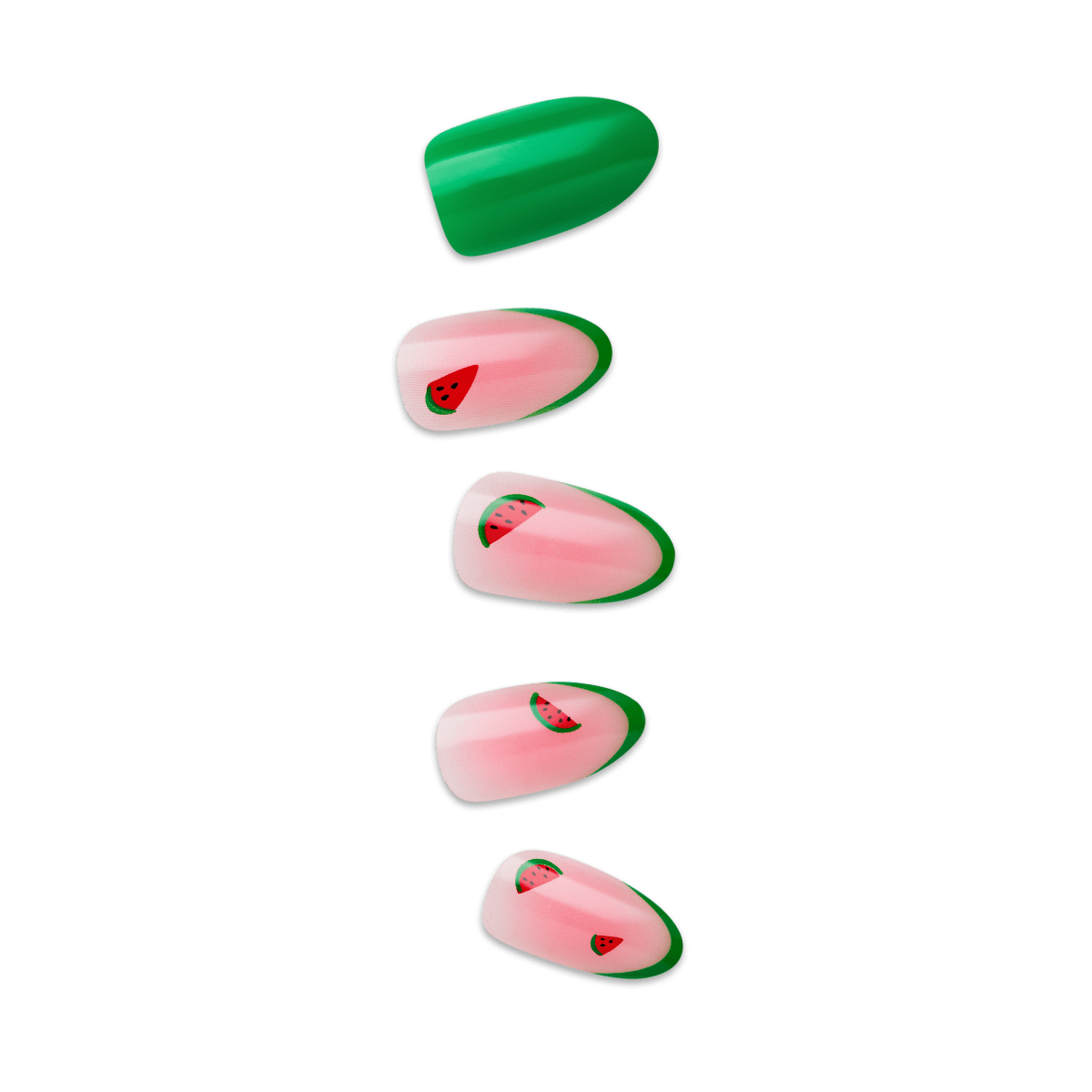 Set of five press-on nails; one solid glossy green nail, four pale pink nails with green tips and small watermelon slice designs.