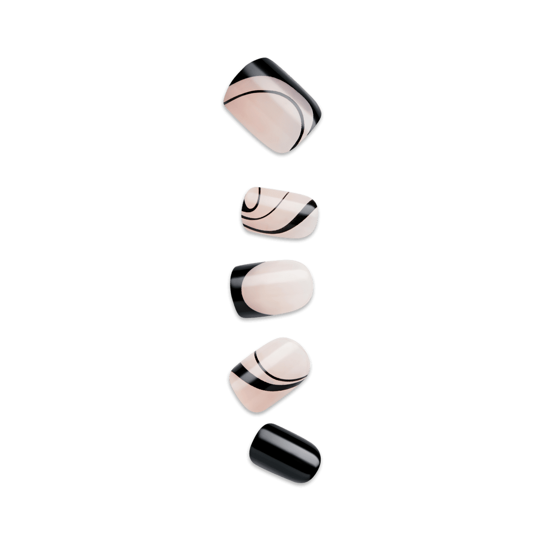 Five press-on nails in wide fit with a black dress design; nude base with black curved lines and solid black tip accents.