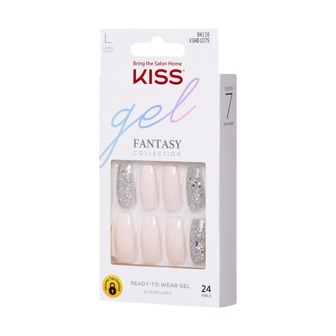 KISS Gel Fantasy Collection long length press-on nails in nude and silver glitter, 24 nails included with glue, wearable up to 7 days.