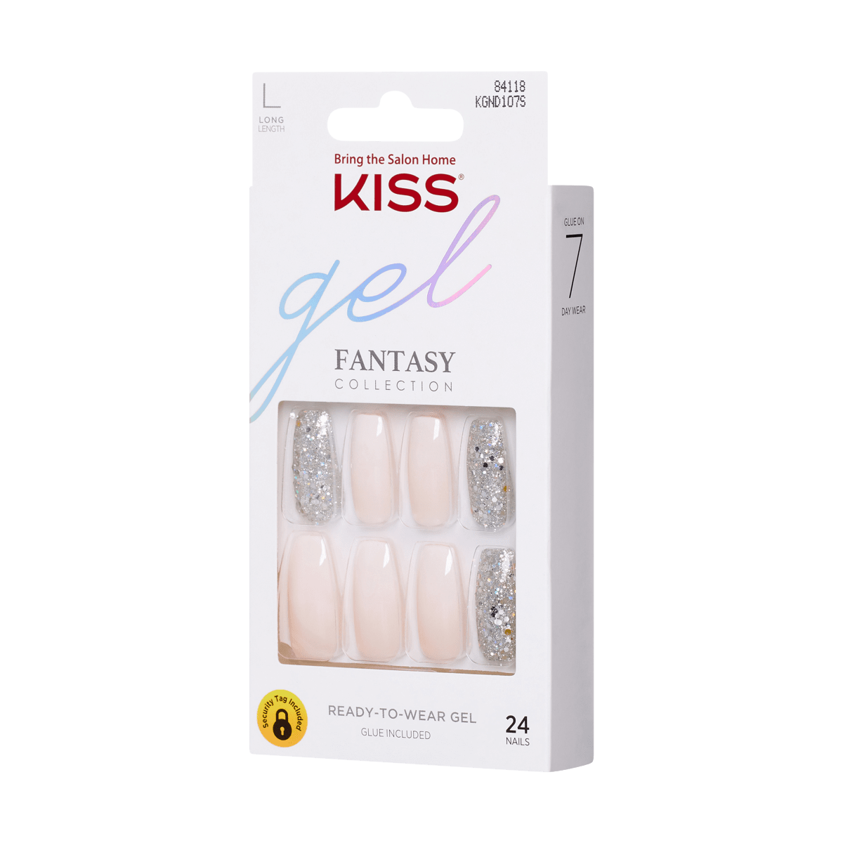 KISS Gel Fantasy Collection long length press-on nails in nude and silver glitter, 24 nails included with glue, wearable up to 7 days.