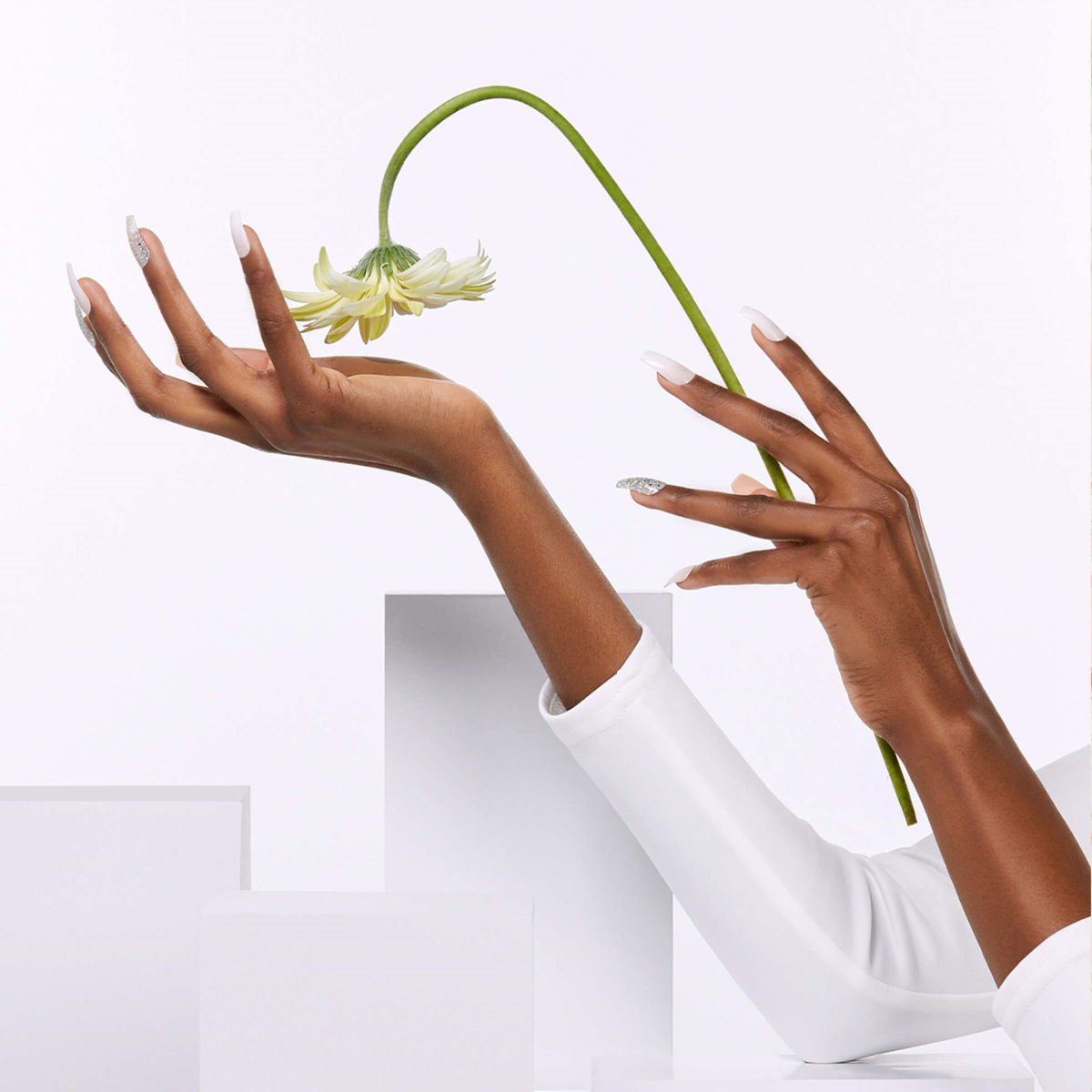 Two hands with dark skin tone wearing long, coffin-shaped gel nails in white and silver glitter hold a pale yellow flower against a white geometric backdrop.
