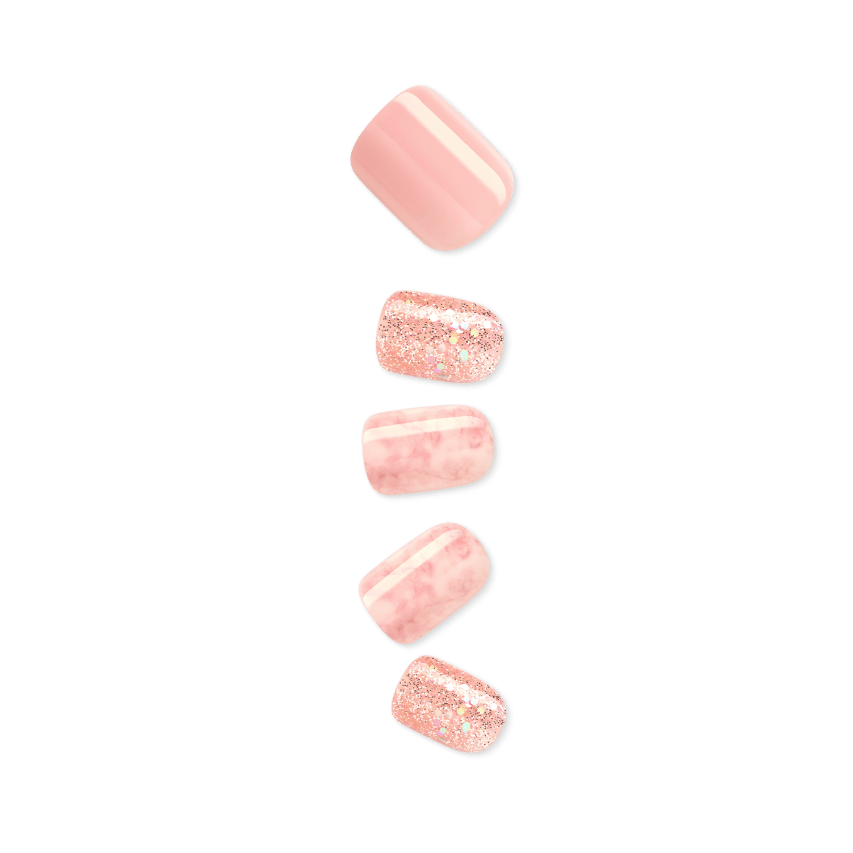 Five press-on manicure nails in wide fit, featuring a soft pink solid, pink glitter, and pink marble design arranged vertically on a white background.