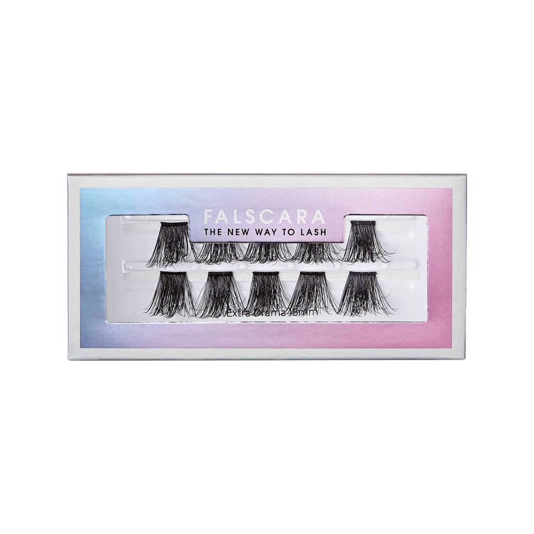 FALSCARA Extra Drama Wisps eyelash extensions in black, displayed in a rectangular box with gradient blue-to-pink border and the text \