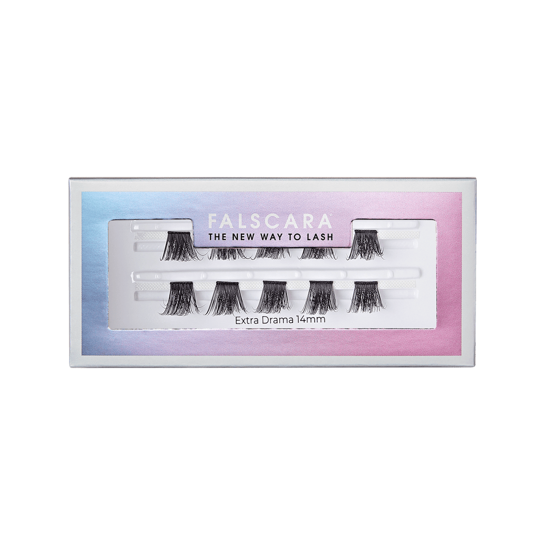 FALSCARA Extra Drama Wisps false eyelashes pack with eight individual 14mm lash clusters displayed in a white and holographic gradient box, labeled \