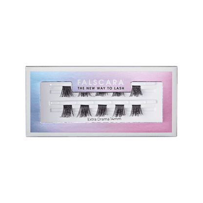 FALSCARA Extra Drama Wisps false eyelashes pack with eight individual 14mm lash clusters displayed in a white and holographic gradient box, labeled \