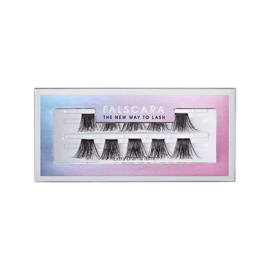 FALSARA Extra Drama Wisps false eyelashes in black, displayed in a white tray with a pink and blue gradient box. Text reads: \