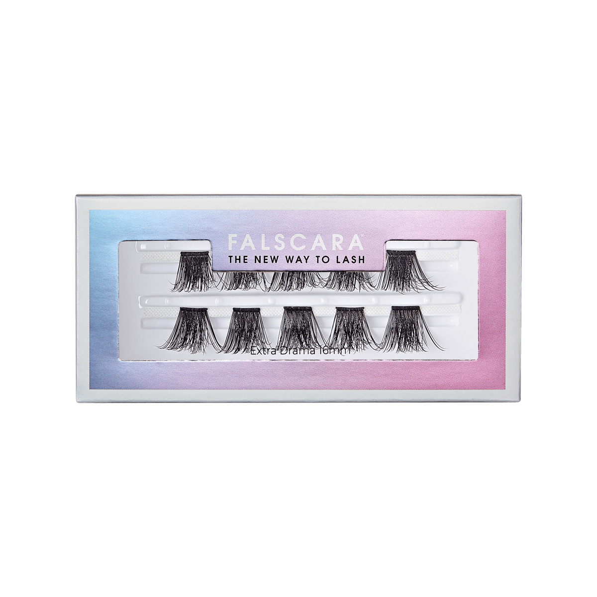 FALSARA Extra Drama Wisps false eyelashes in black, displayed in a white tray with a pink and blue gradient box. Text reads: \