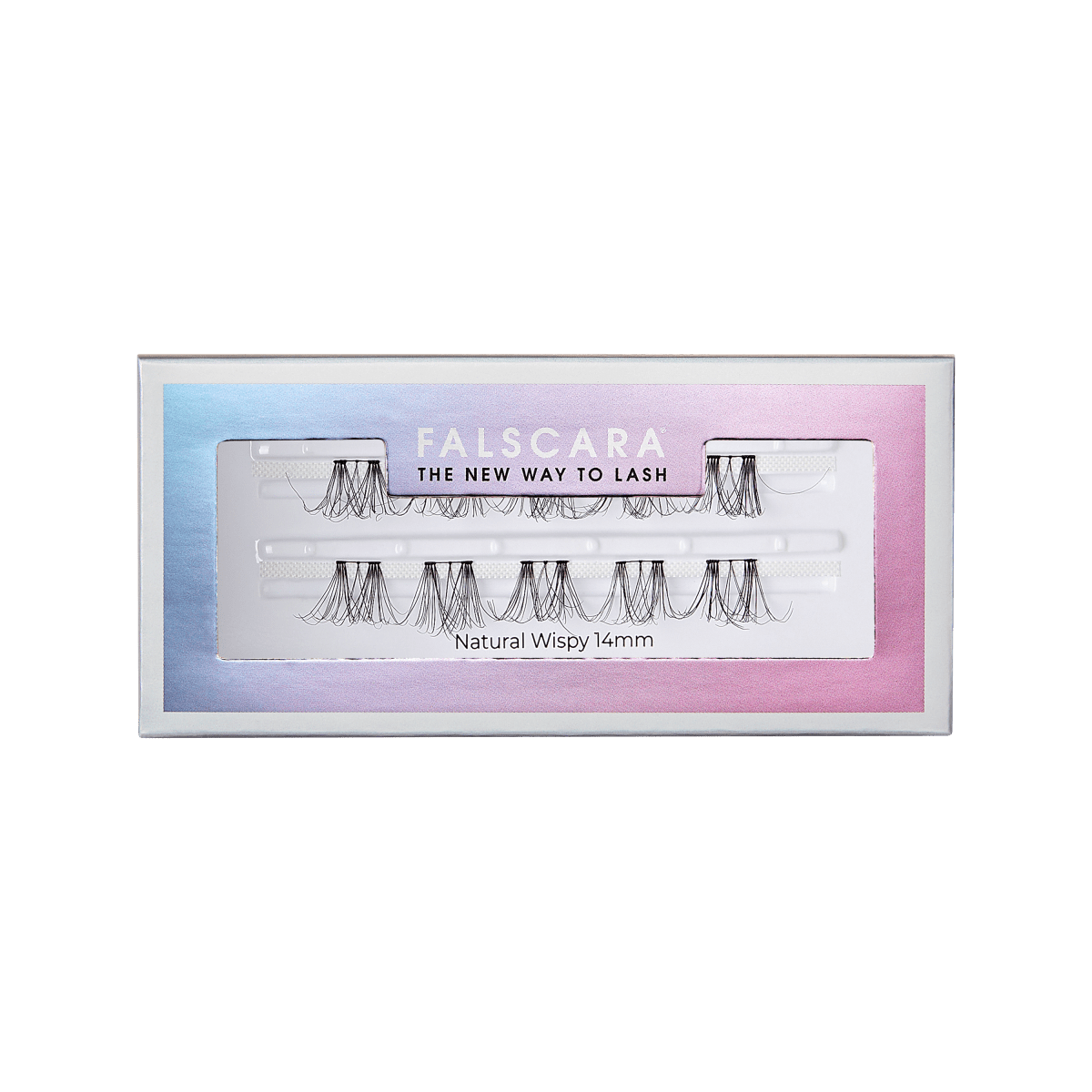 FALSCARA Natural Wispy Wisps false eyelashes in 14mm, shown in a rectangular holographic box with phrase \