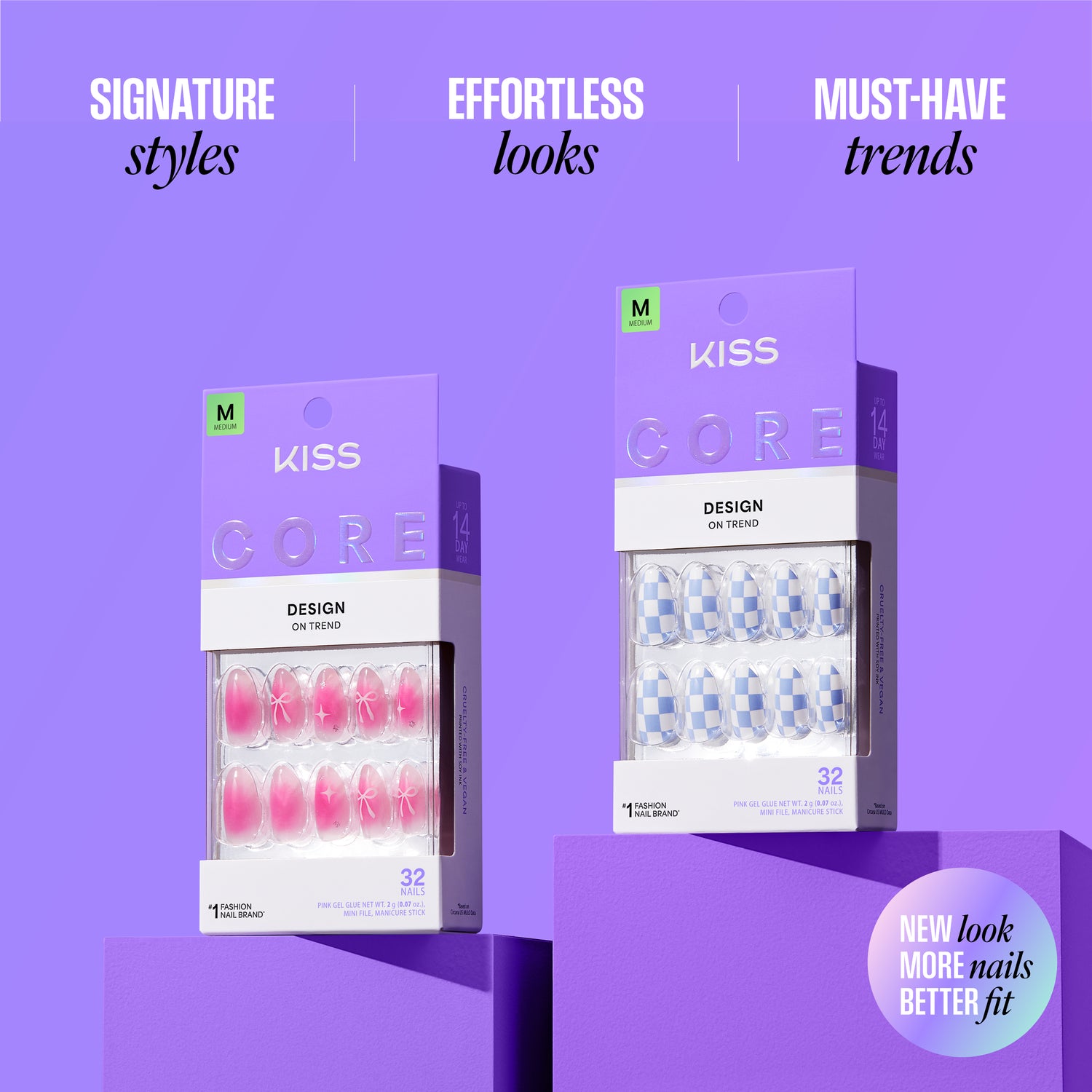 Kiss nail art design packaging on a purple background with text about styles, looks, and trends.