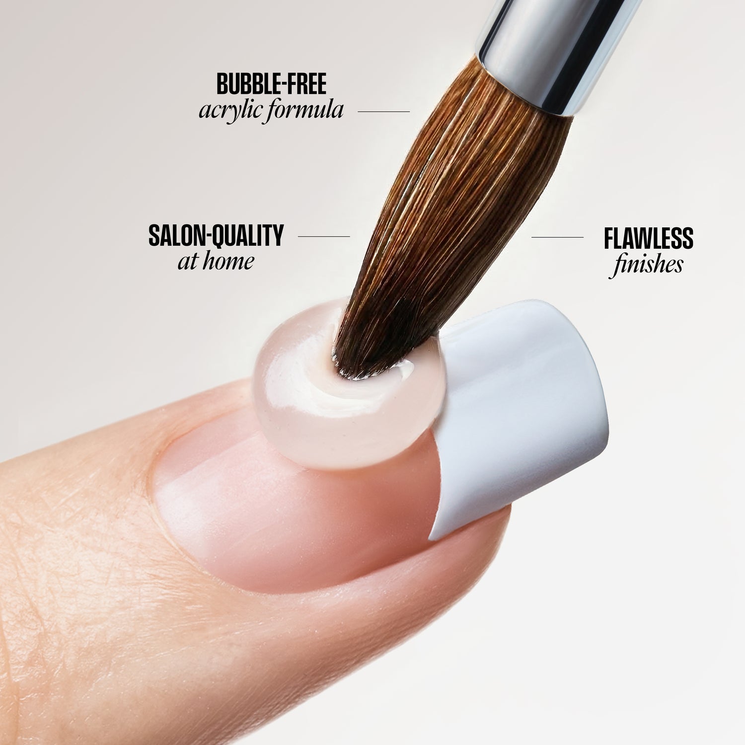 Nail brush applying a bubble-free acrylic formula to a nail, with text highlighting salon-quality at home and flawless finishes.