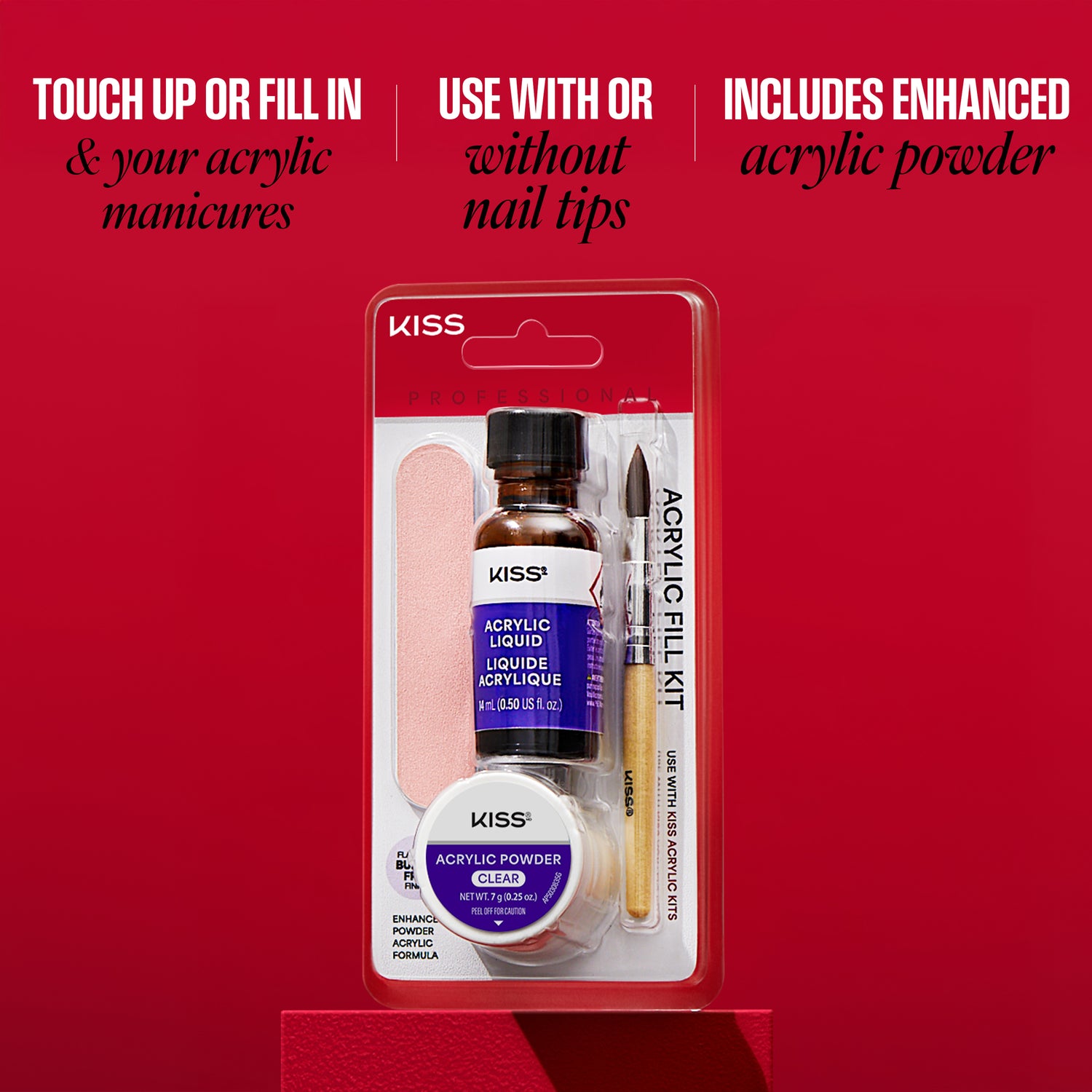 Kiss acrylic fill kit packaging on a red background with text about its use.