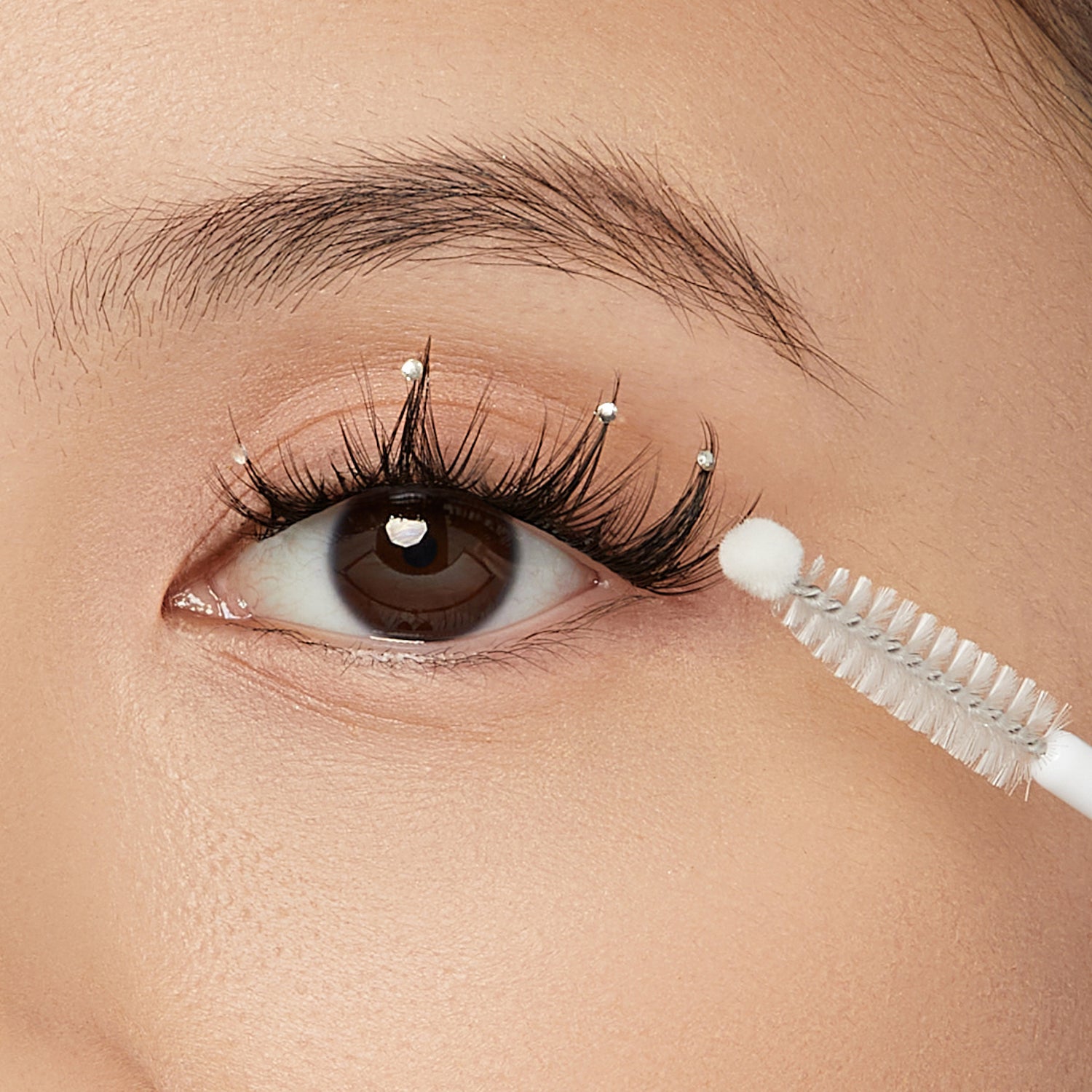 Eyelash extension application with a brush on a close-up of an eye.