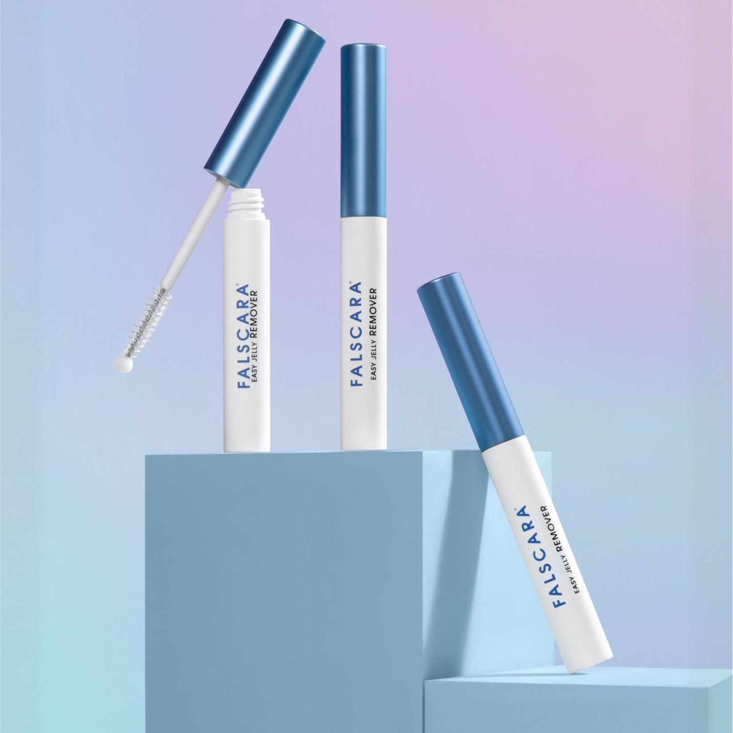 Falscara false eyelash remover with applicator on a gradient blue and purple background