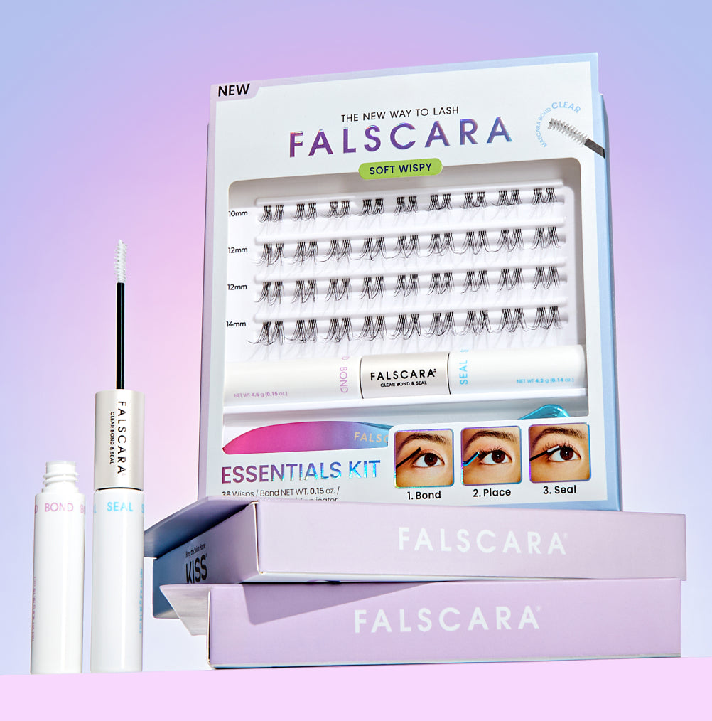 Falscara eyelash extension kit on a light purple background