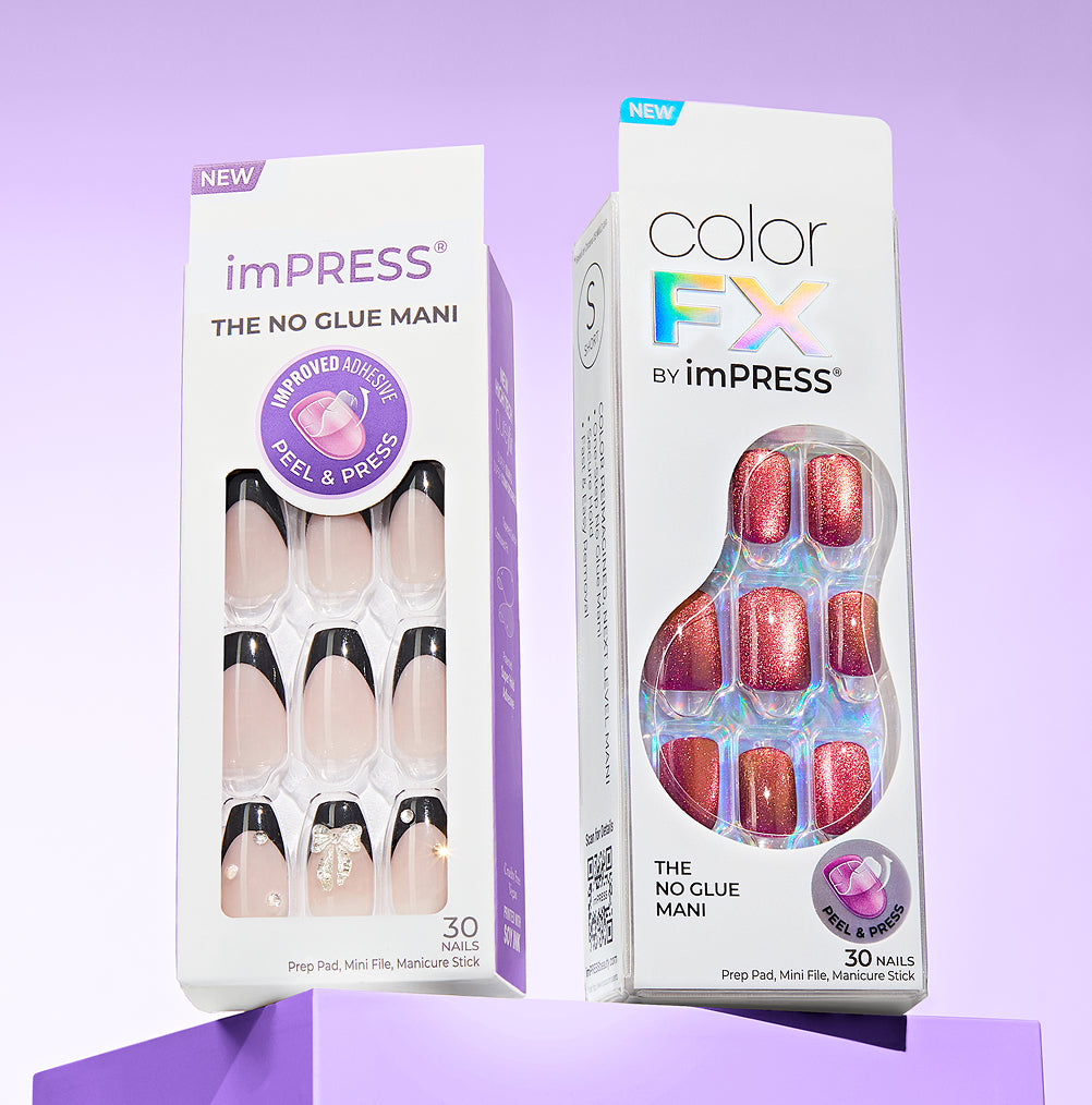 Two boxes of nail product packaging on a purple background