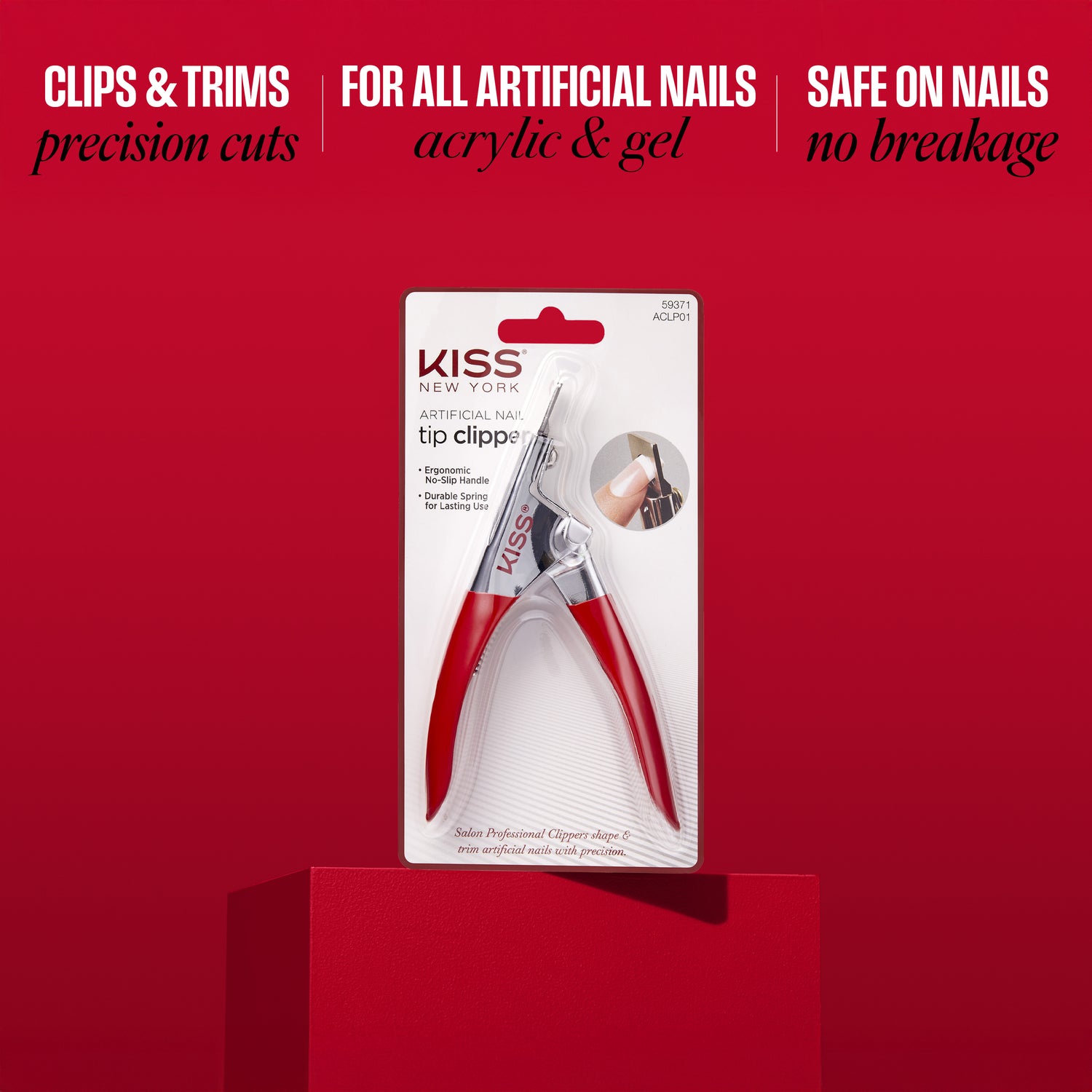 Kiss nail tip clipper packaging on a red background