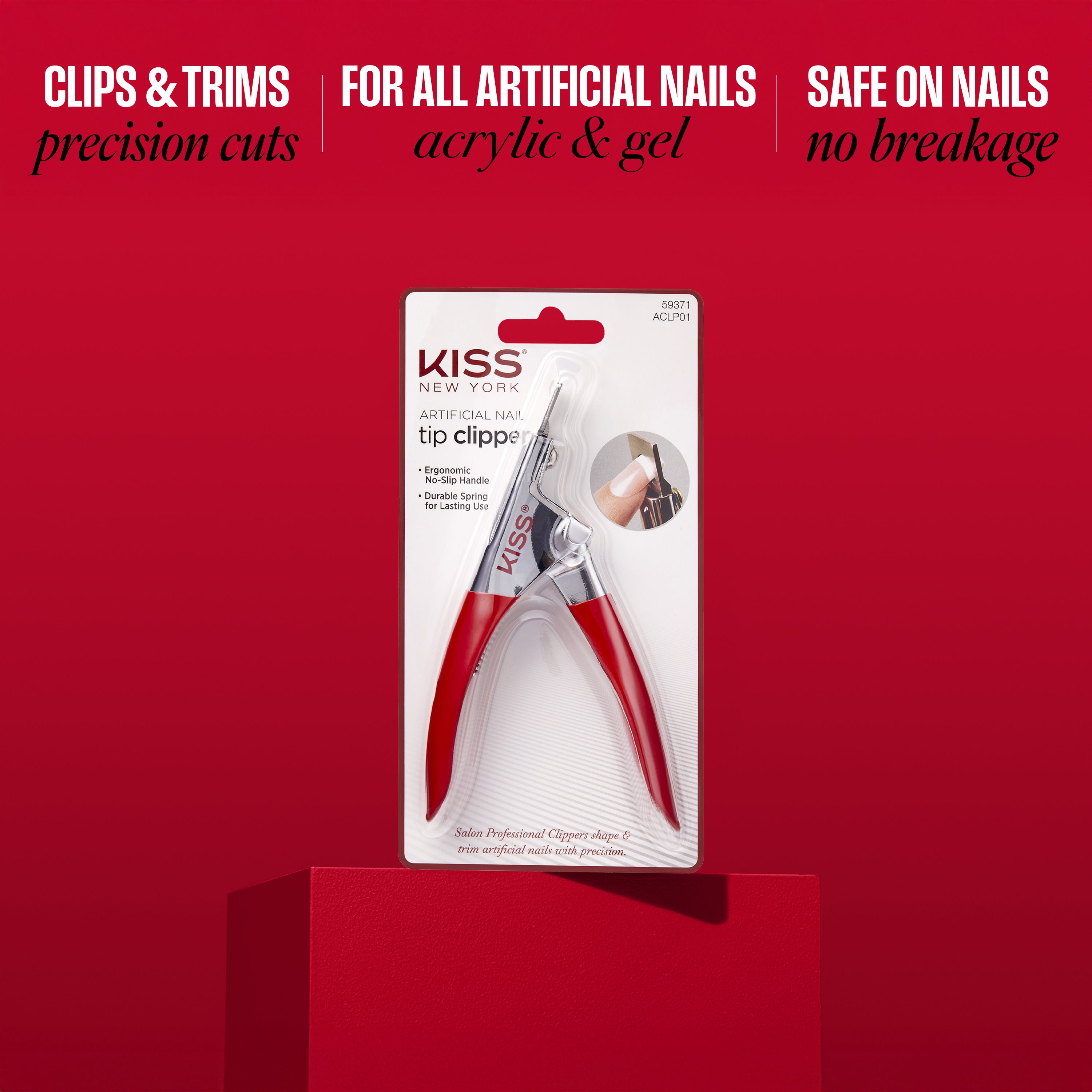 Kiss nail tip clipper packaging on a red background