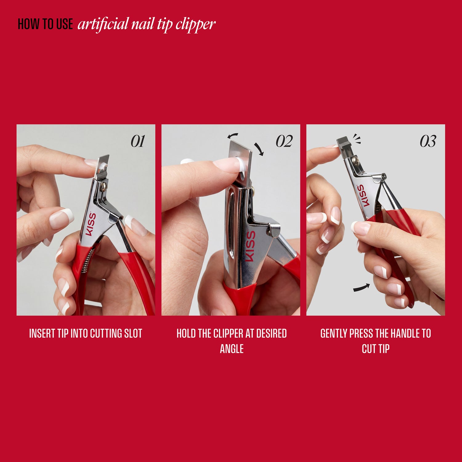 Instructions on how to use a artificial nail tip clipper with close-up images of hands holding the tool.