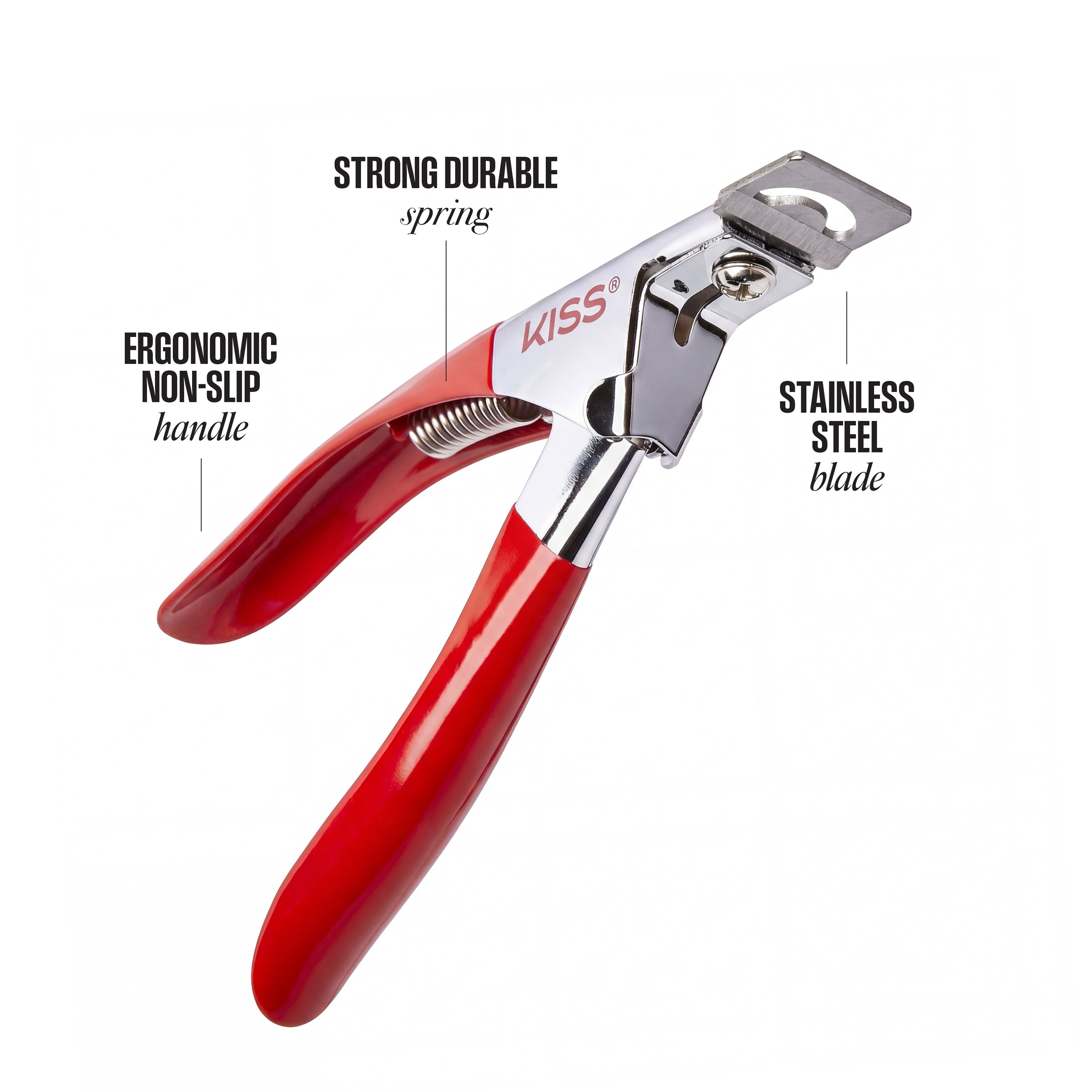 Red and silver can opener with feature text on a white background