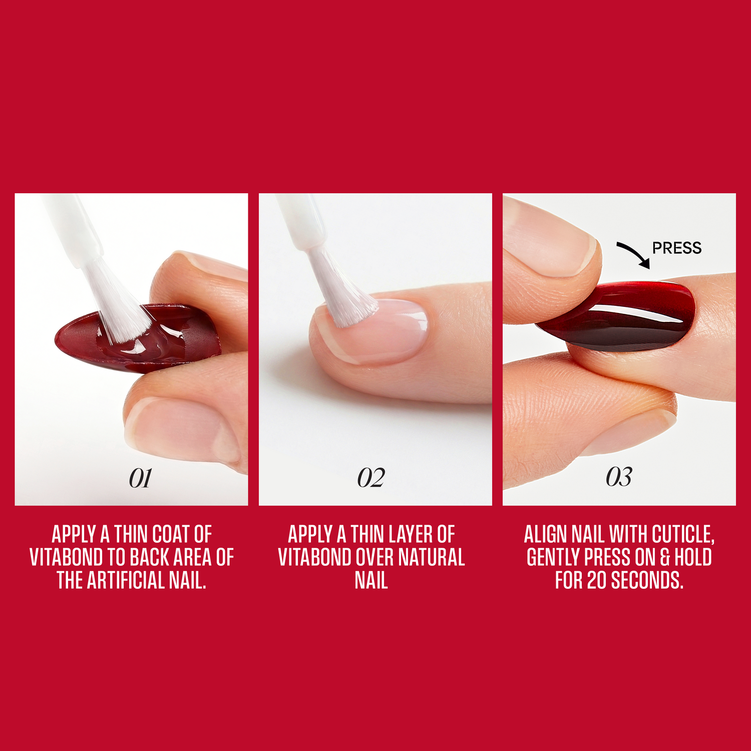 Step-by-step guide on applying a nail product with text instructions on a red background.