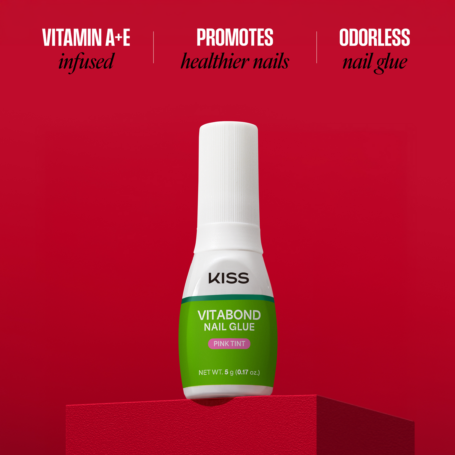 Kiss Vitabond Nail Glue bottle on a red background with product features listed.