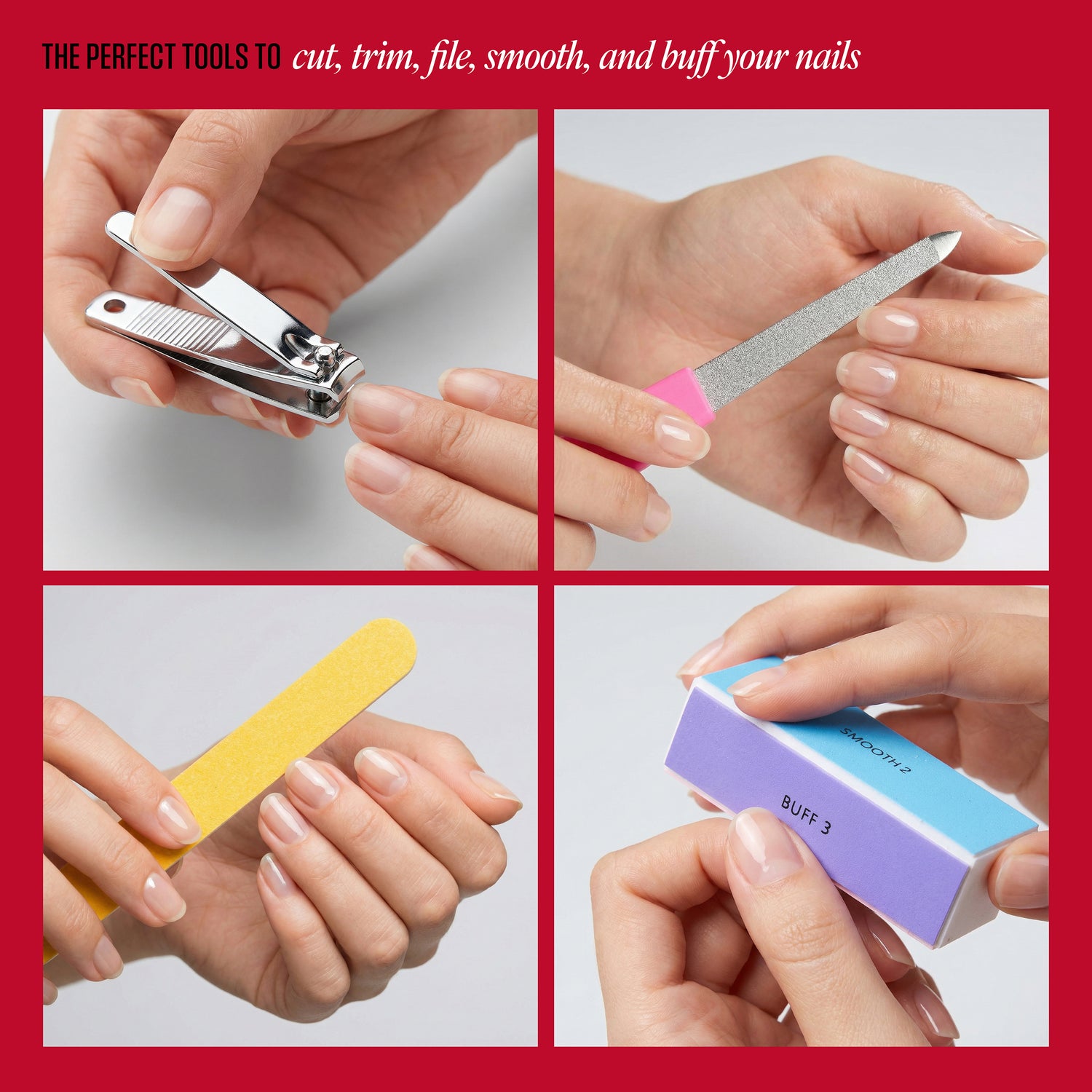 Nail care tools being used on hands with text about nail care.