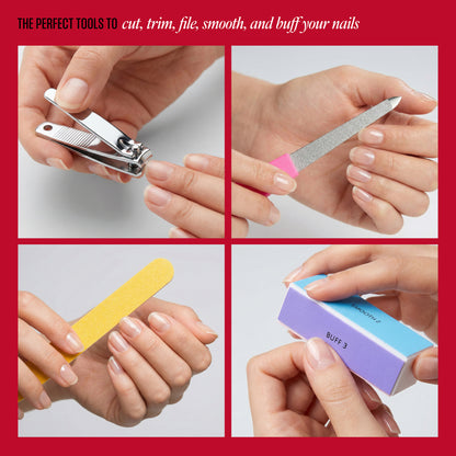 Nail care tools being used on hands with text about nail care.
