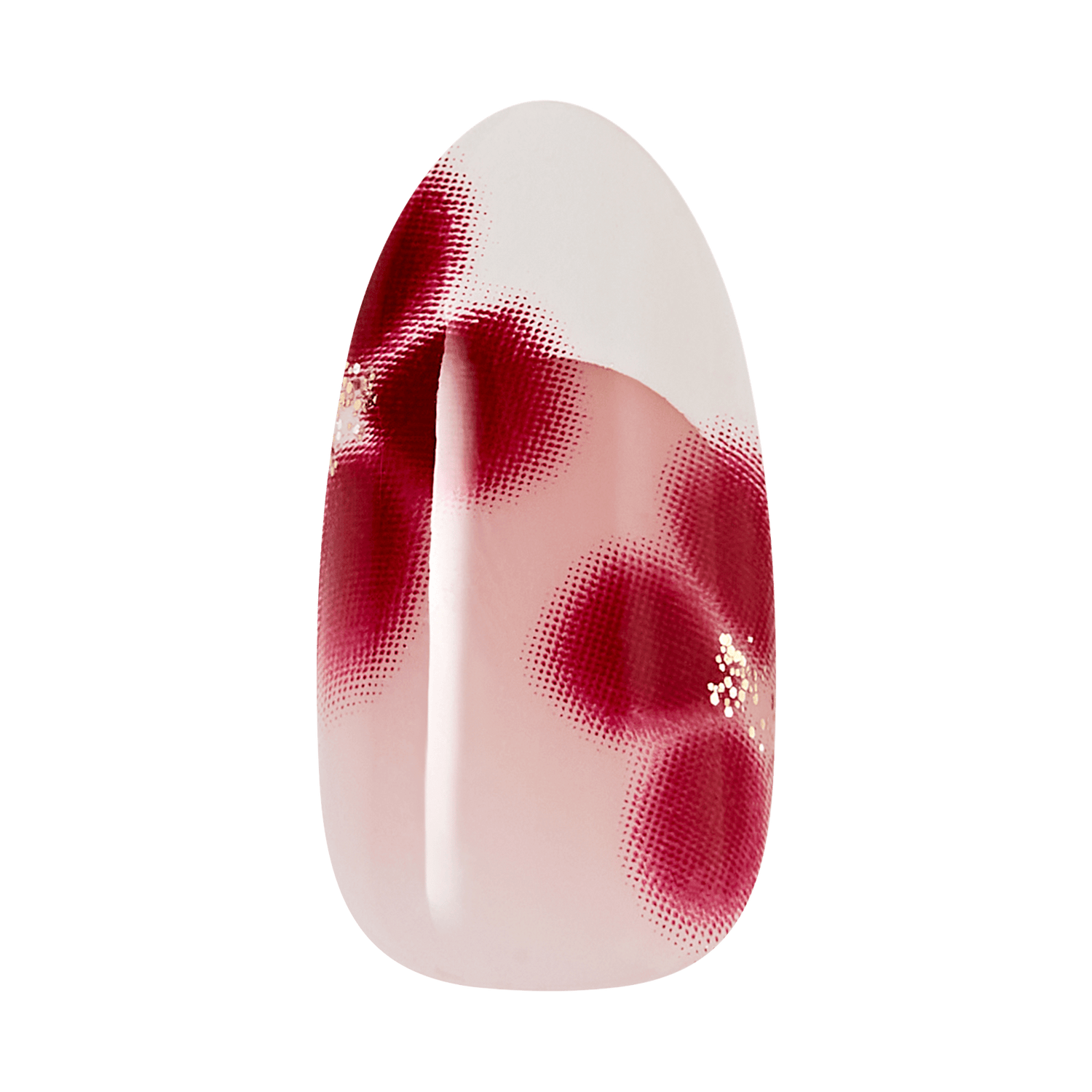 Decorative nail with red and white pattern on a clear background