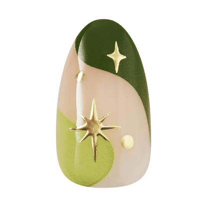 Press-on nail with a glossy finish featuring abstract green and beige color blocks and gold star and dot accents for a shining design.