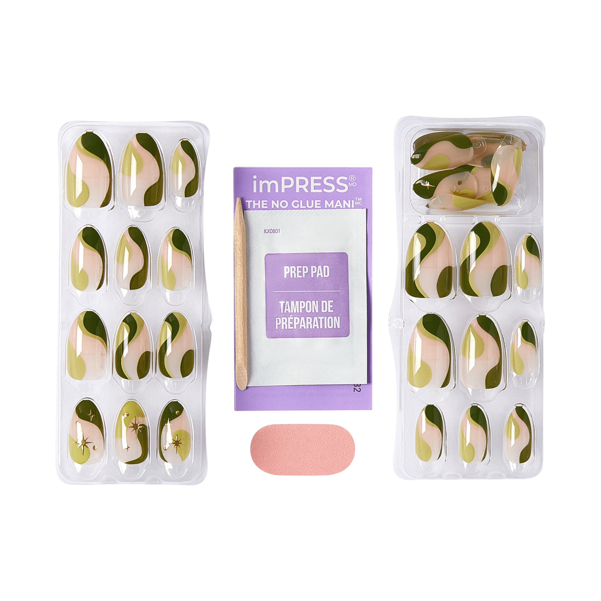 Set of 24 press-on nails with abstract olive green, beige, and blush swirls, some adorned with gold star accents, plus purple prep pad and wooden stick.