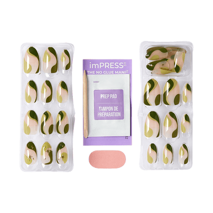 Set of 24 press-on nails with abstract olive green, beige, and blush swirls, some adorned with gold star accents, plus purple prep pad and wooden stick.