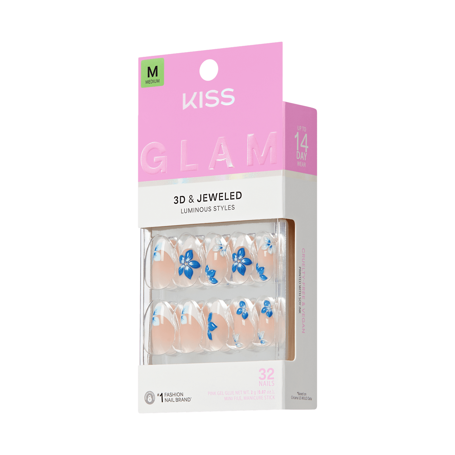 Kiss Glam 3D &amp; Jeweled nail art packaging on a green background