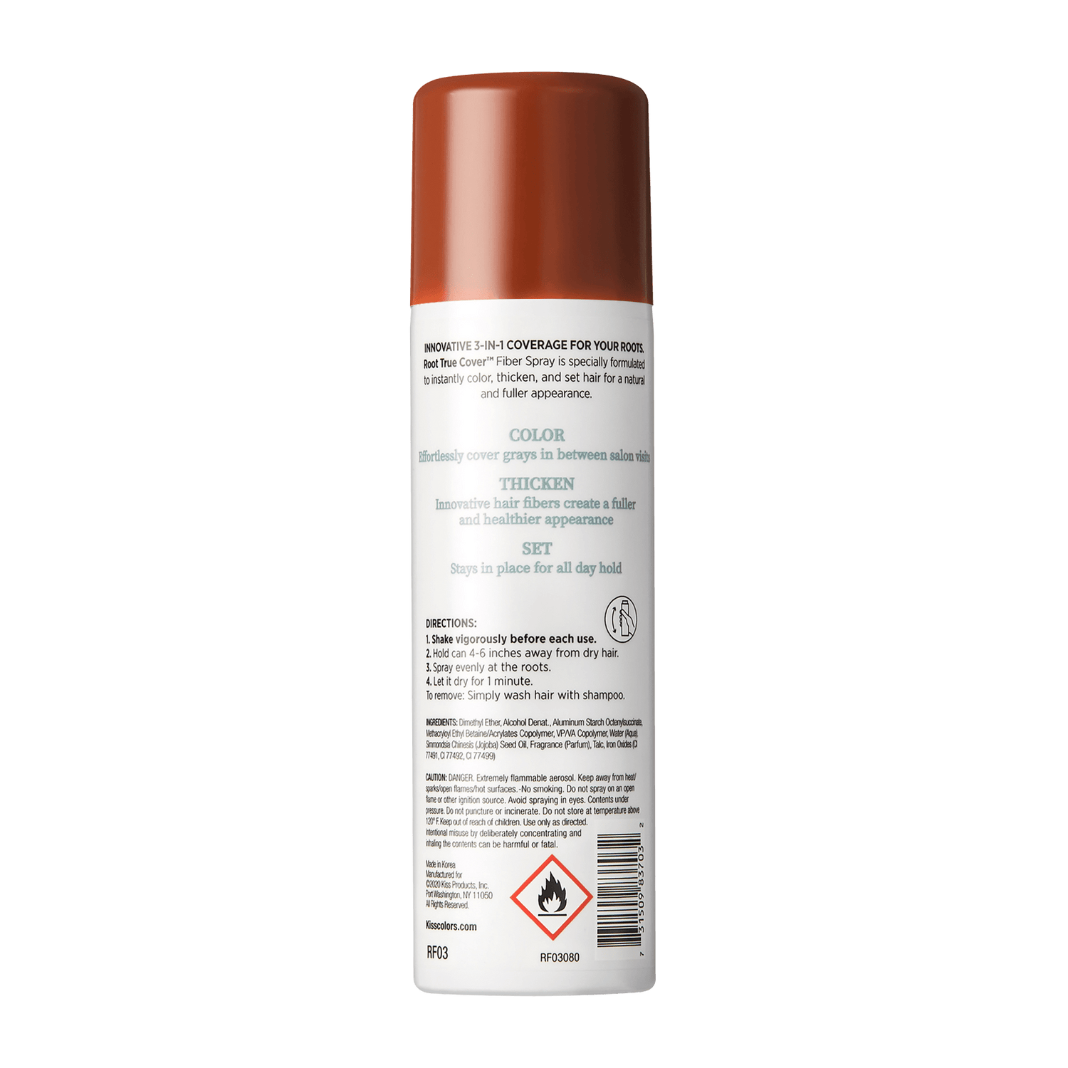 Root True Cover Fiber Spray bottle with instructions and ingredients label visible.