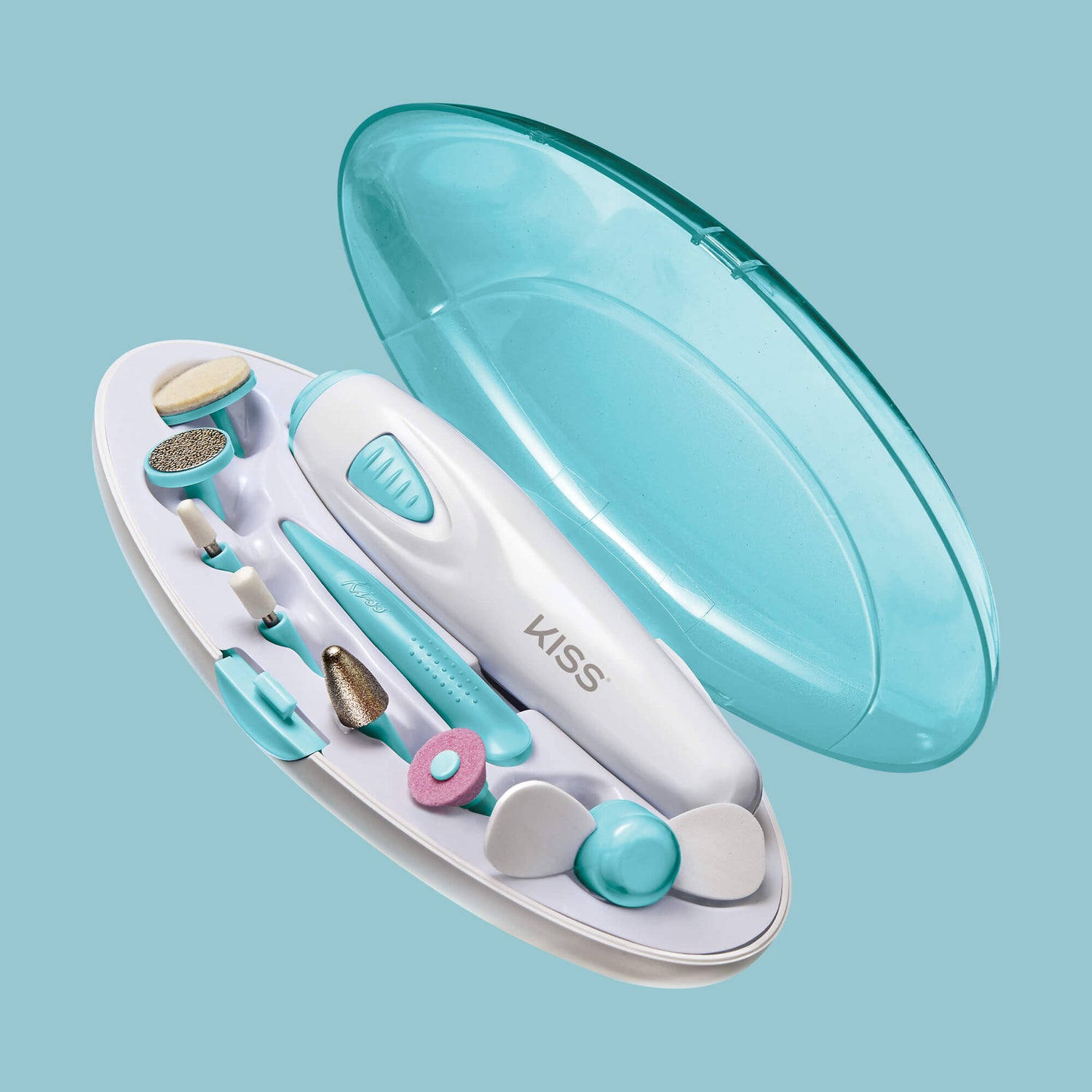 Set of beauty tools with a teal case on a light blue background
