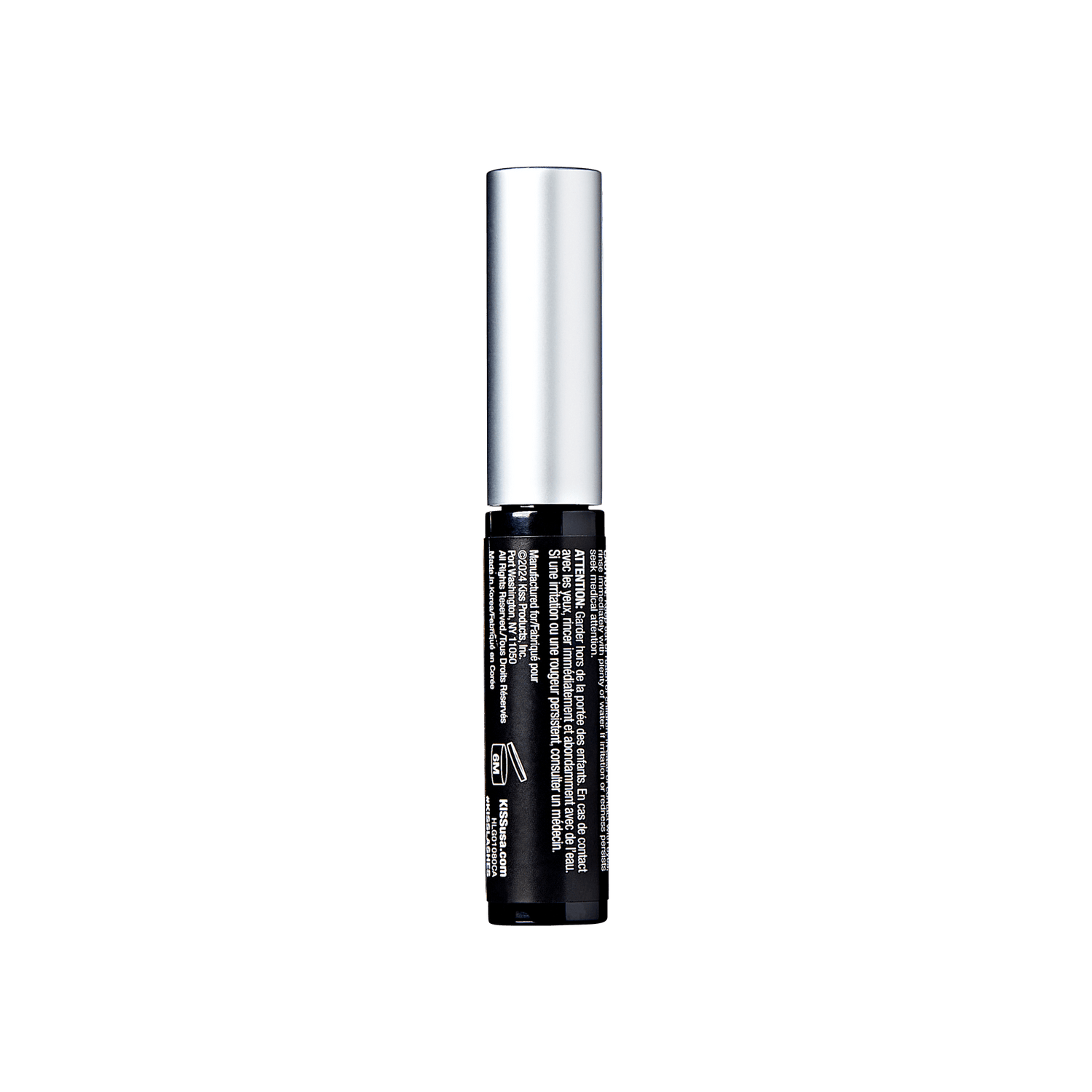 Black mascara tube with silver cap and product information label on white background.