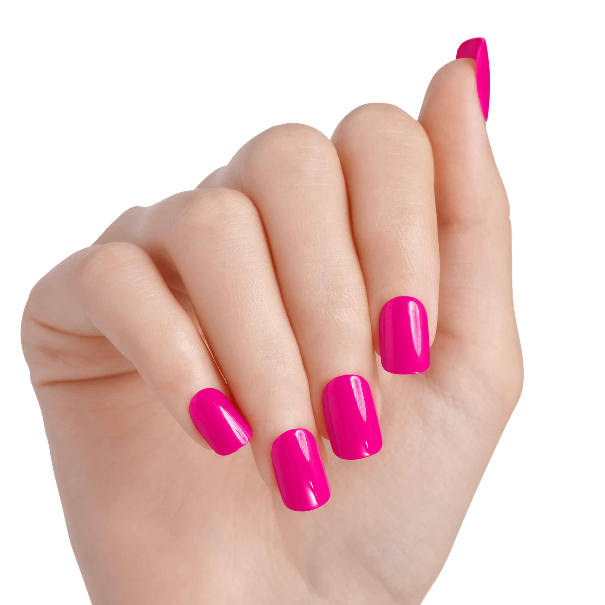 Hand with short, squared press-on nails painted in glossy bright pink, shown against a white background.