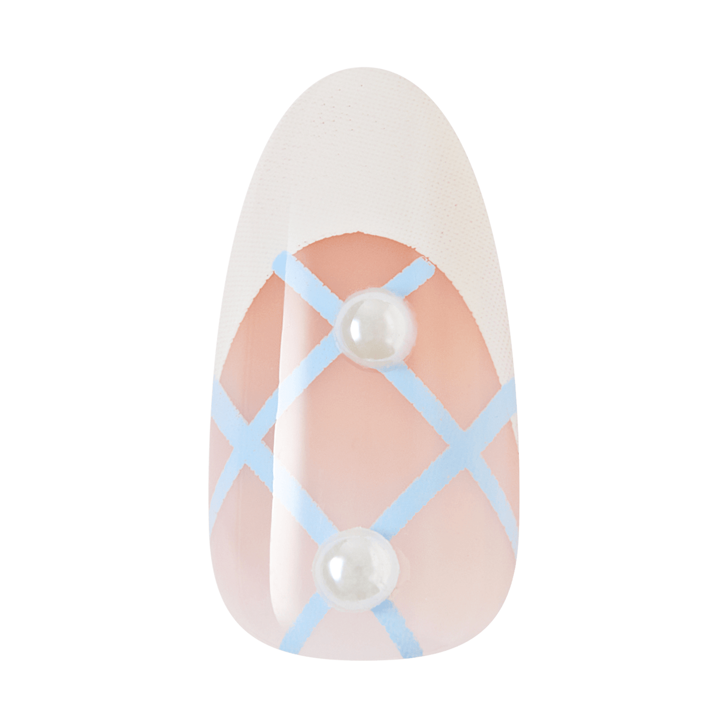 Nail art design with pink crosshatch pattern and two pearls on a clear background