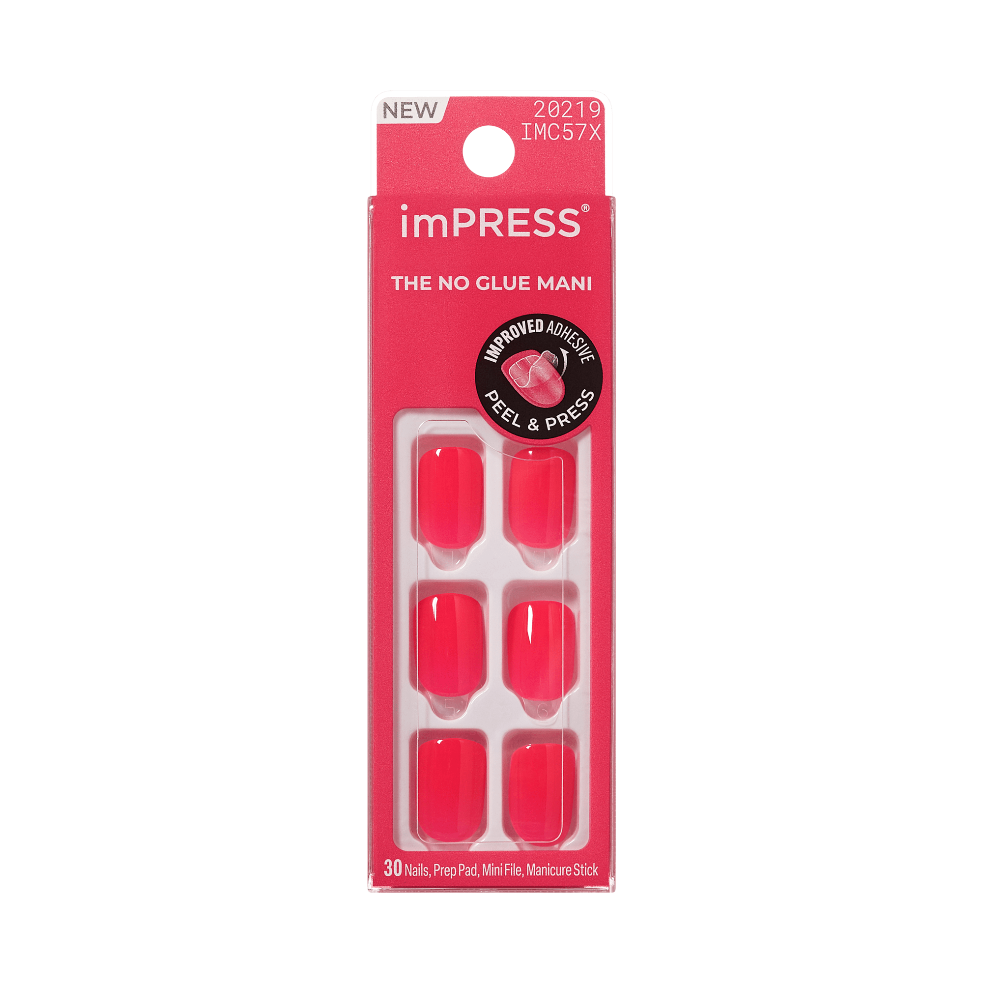 imPRESS nail product packaging with red nail tips on a pink background