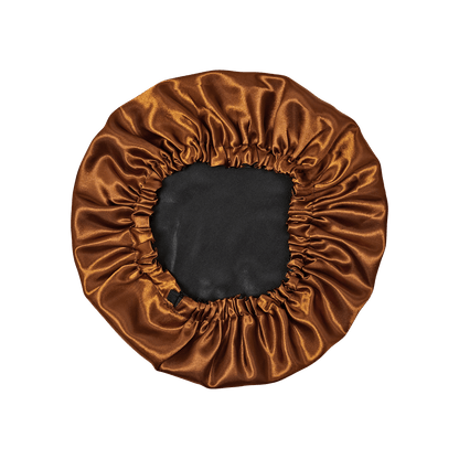 Bronze satin bonnet with black lining and elastic gathering around edges