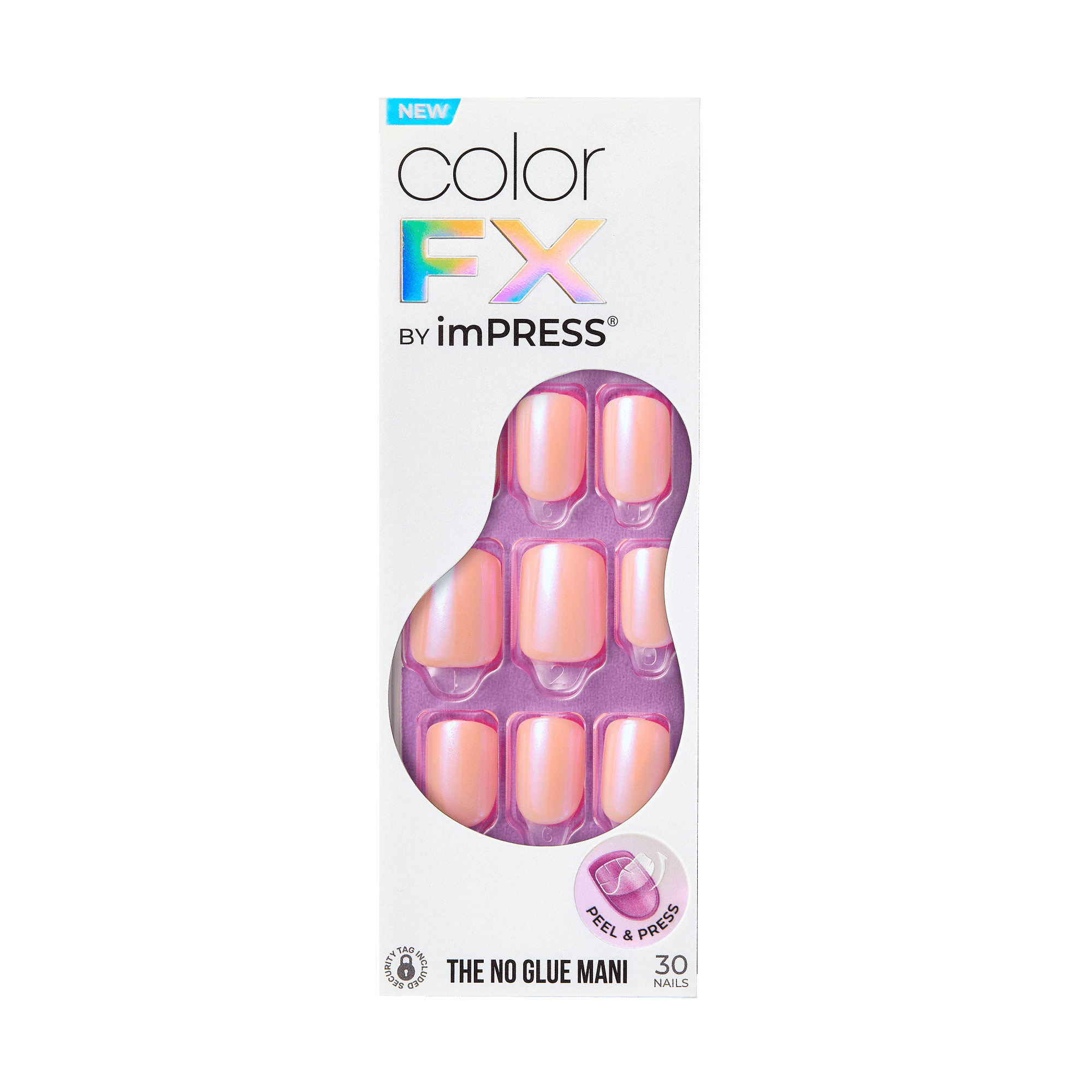 The image shows a product package for "Color FX by imPRESS." The package is predominantly white with a colorful, holographic "FX" logo. Inside the package, there are 30 press-on nails displayed through a transparent, purple, irregularly-shaped window. The nails have a glossy, peachy-pink color. The packaging highlights that these are "The No Glue Mani" and includes a "Peel &amp; Press" label, indicating the application method. There is also a small circular emblem on the bottom left corner of the package.