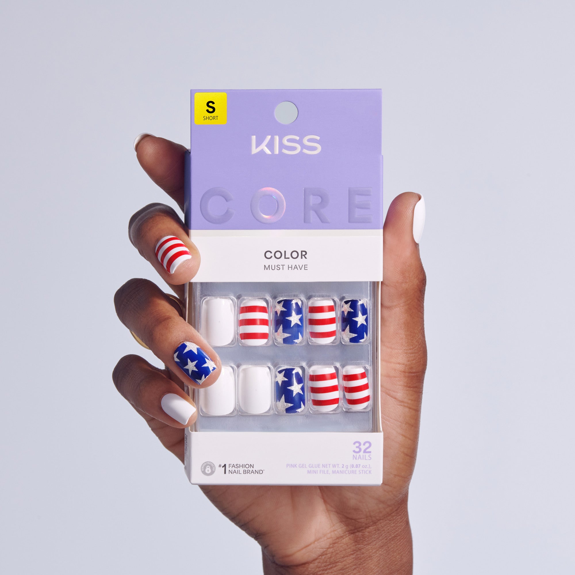 KISS Core Color Must Have press-on nails with patriotic design, size short.