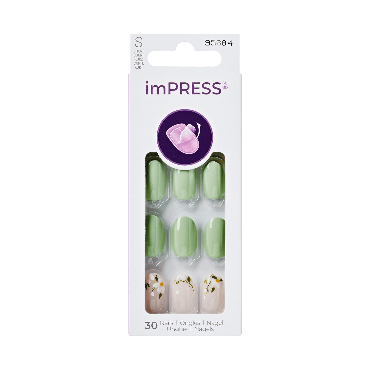The image features a packaging of imPRESS press-on nails. The box contains a total of 30 nails in various designs. The color palette includes shades of green and a light beige. Some nails are solid green, while others have decorative elements, such as floral designs. The packaging is sleek and modern, showcasing the nails clearly, and includes branding information.