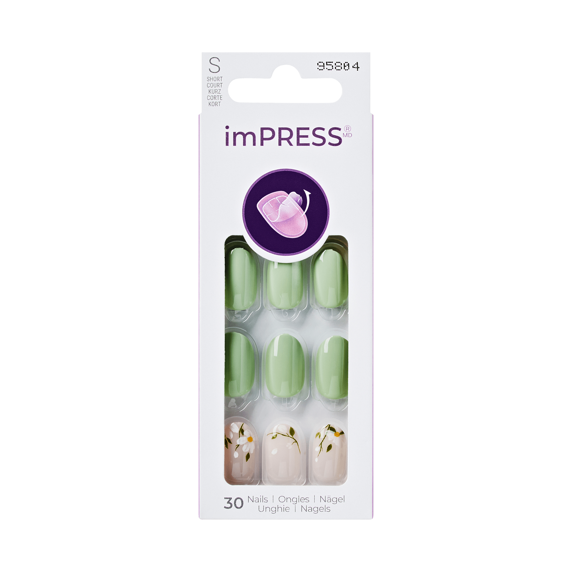 The image features a packaging of imPRESS press-on nails. The box contains a total of 30 nails in various designs. The color palette includes shades of green and a light beige. Some nails are solid green, while others have decorative elements, such as floral designs. The packaging is sleek and modern, showcasing the nails clearly, and includes branding information.