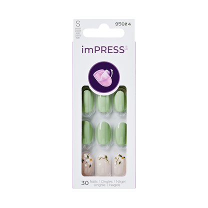 The image features a packaging of imPRESS press-on nails. The box contains a total of 30 nails in various designs. The color palette includes shades of green and a light beige. Some nails are solid green, while others have decorative elements, such as floral designs. The packaging is sleek and modern, showcasing the nails clearly, and includes branding information.