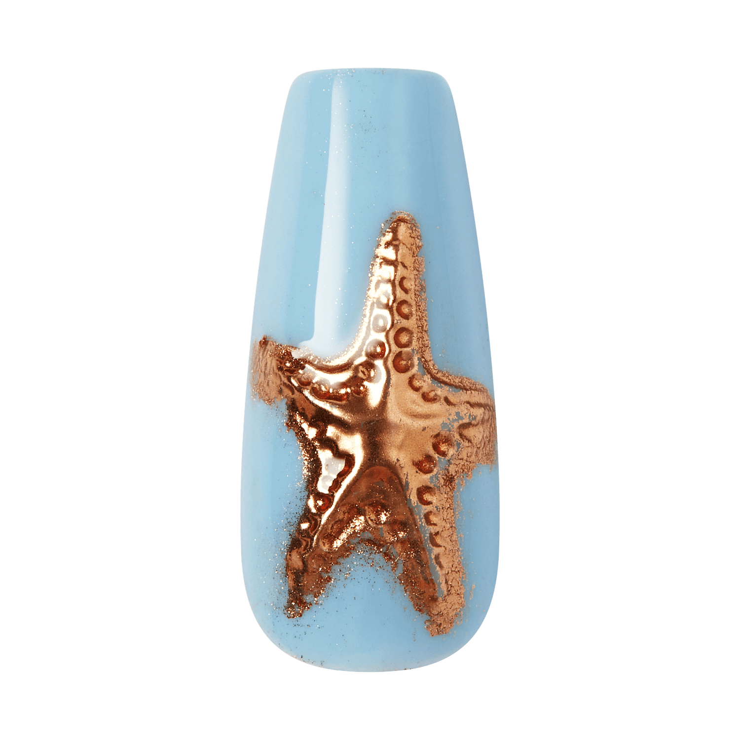Nail art with a gold starfish design on a light blue background