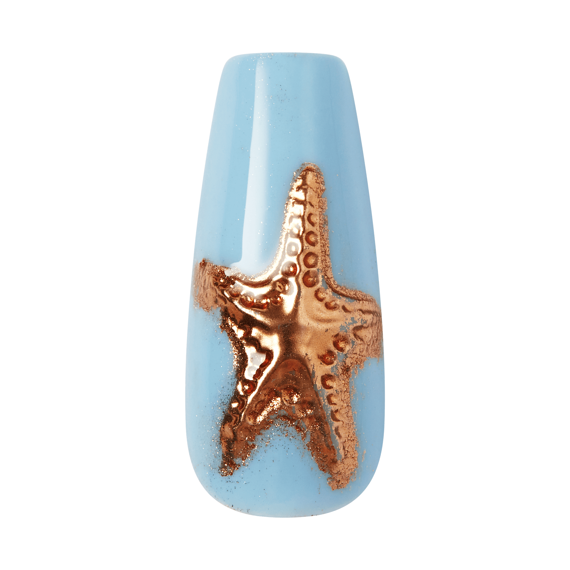 Nail art with a gold starfish design on a light blue background