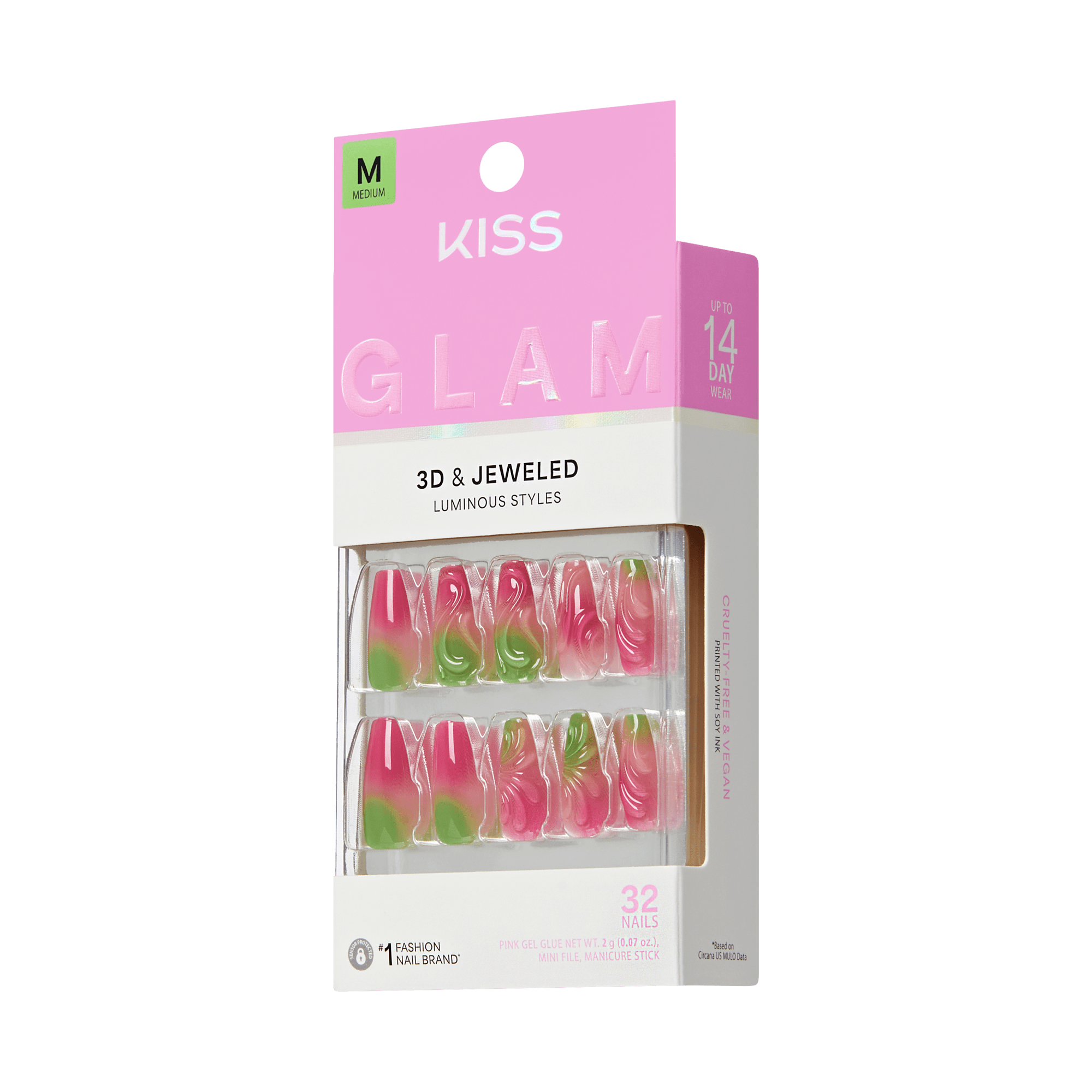 Kiss Glam 3D &amp; Jeweled nail art packaging on a green background