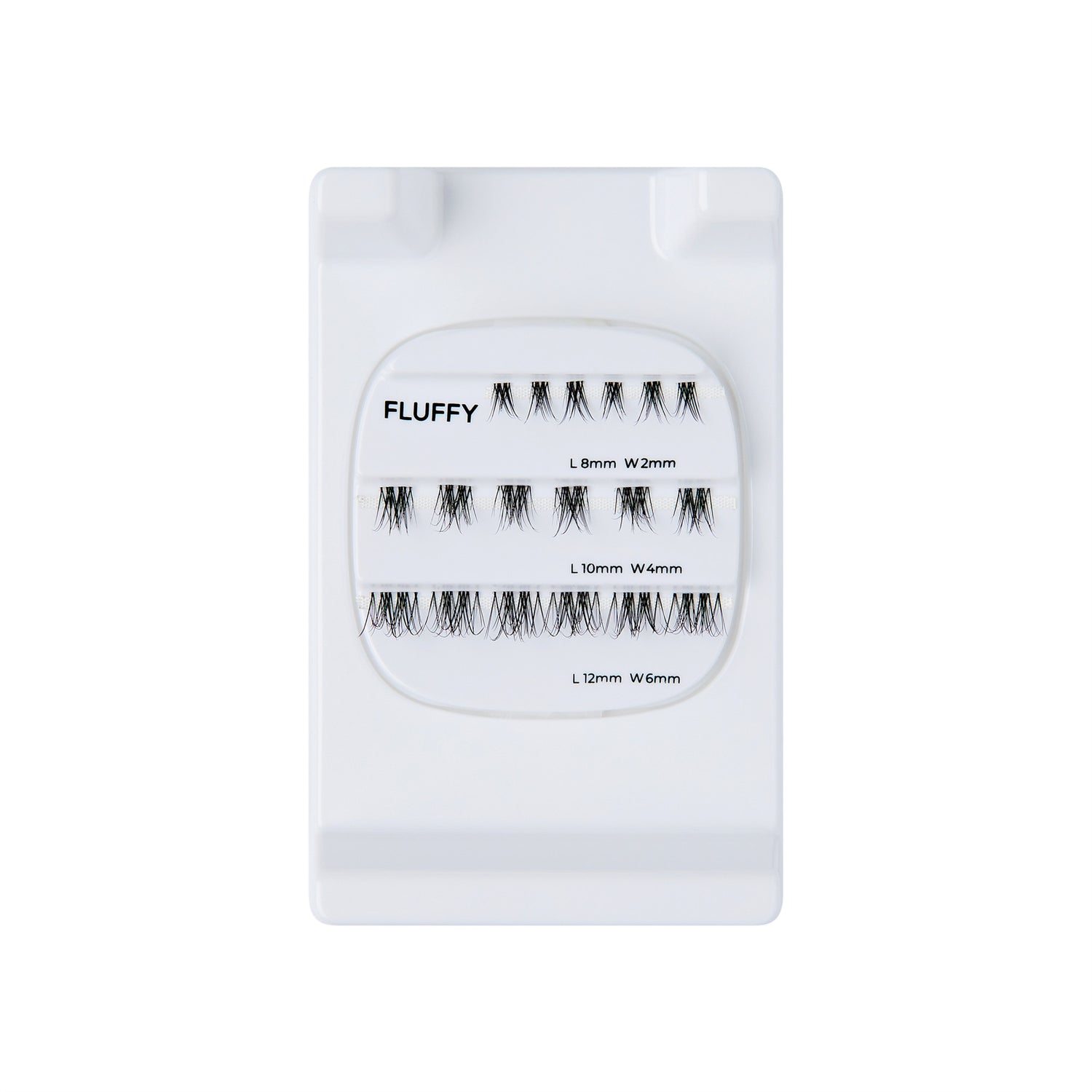 FLUFFY false eyelashes variety pack with three sizes: 8mm, 10mm, 12mm lengths.
