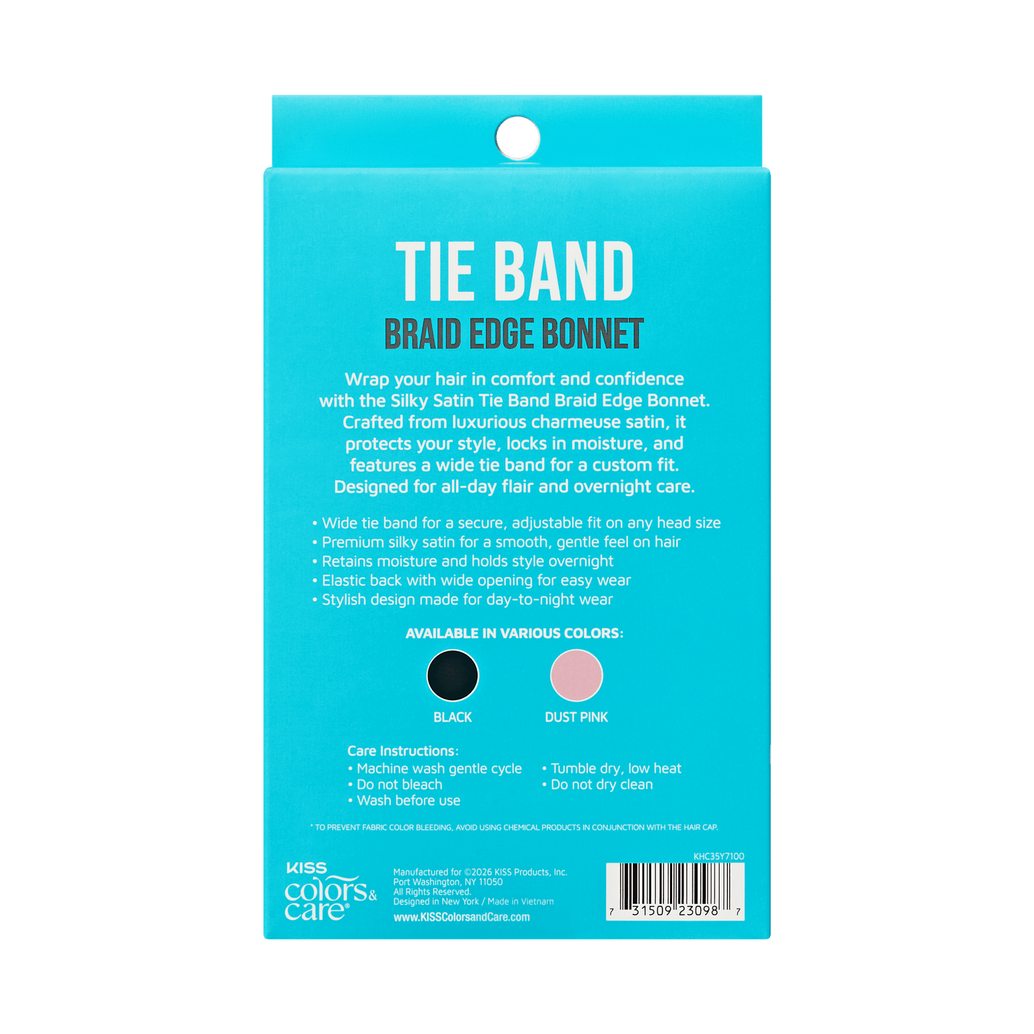 Silky Satin Tie Band Braid Edge Bonnet packaging in turquoise with product details and color options.