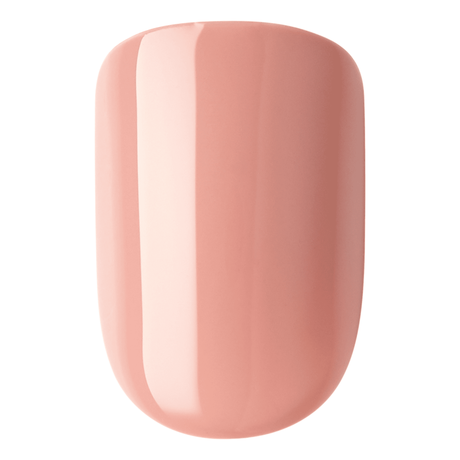 Glossy caramel-colored press-on nail shown close-up with a smooth, rounded shape and reflective surface.